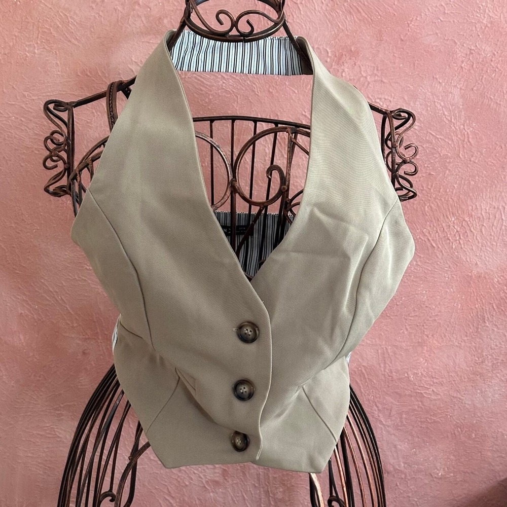 SHEIN Tan Halter Neck Waistcoat Vest Pinstripe Back Tie Crop Top Khaki Medium